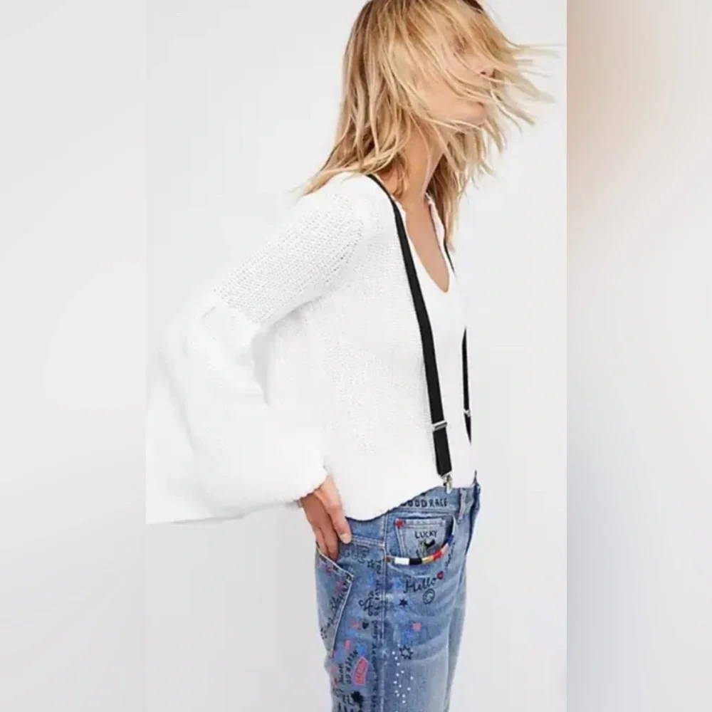 Free People Damsel Bell Sleeve Knit Sweater-White
